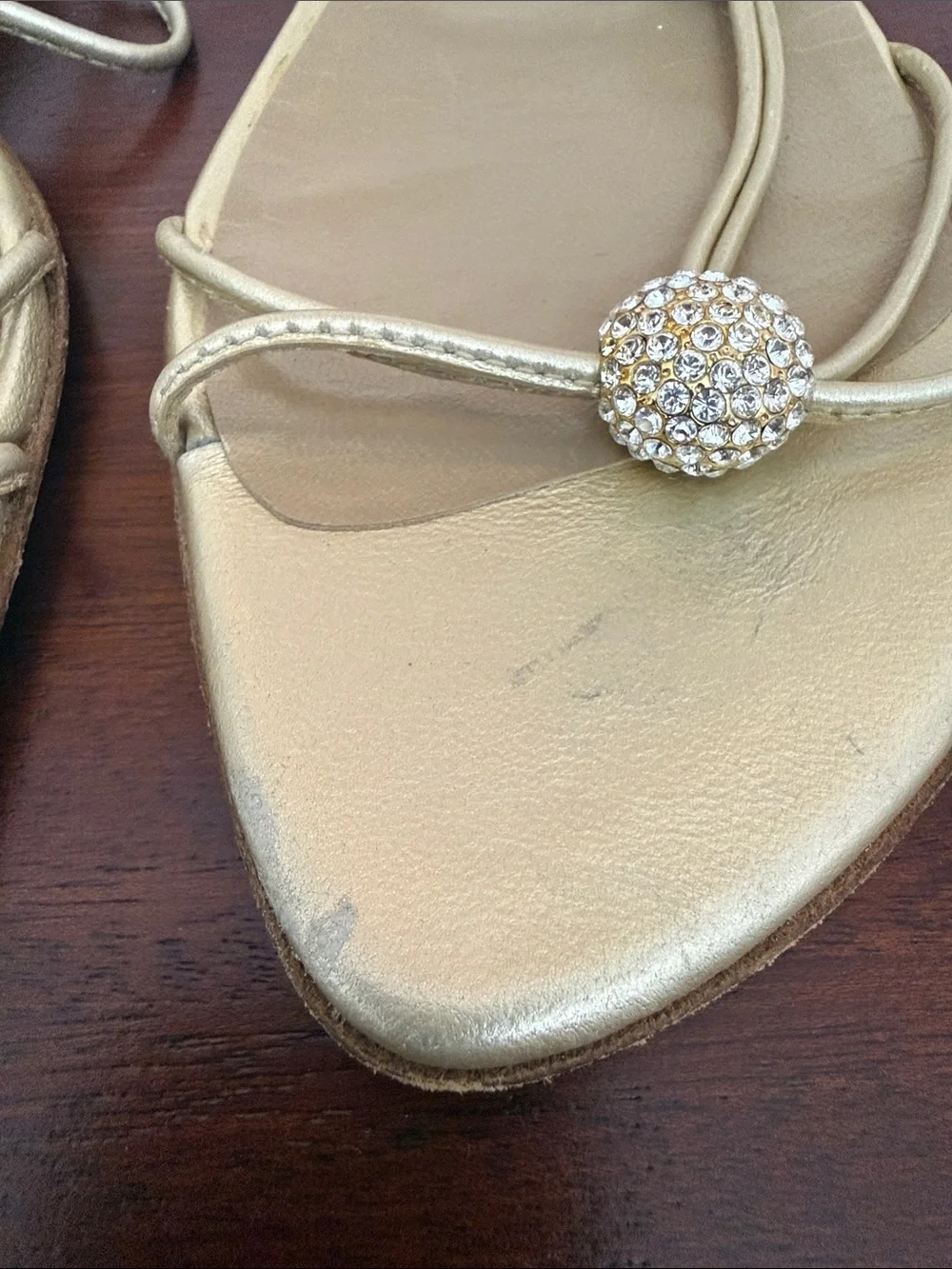 Stuart Weitzman Metallic Gold Rhinestone-Button Strappy Slide Sandals